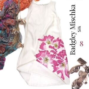 Badgley Mischka Cream Pink Floral Silk Dress Sz 8